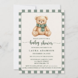 Invitación Cute Gingham Plaid Teddy Bear Winter Baby Shower