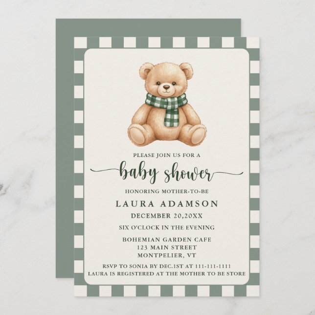 Invitación Cute Gingham Plaid Teddy Bear Winter Baby Shower (Anverso / Reverso)