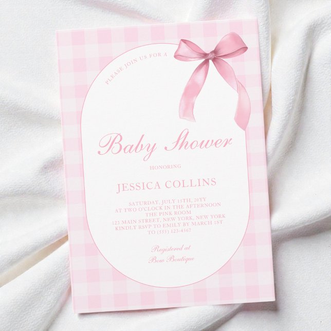 Invitación Cute Gingham Watercolor Pink Bow Girl Baby Shower (Cute Gingham Watercolor Pink Bow Girl Baby Shower Invitation)