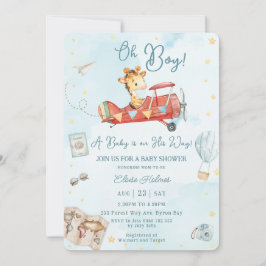Invitación Cute Giraffe Avión Aventura Oh Boy Baby Shower