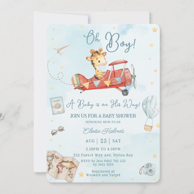 Invitación Cute Giraffe Avión Aventura Oh Boy Baby Shower (Anverso)
