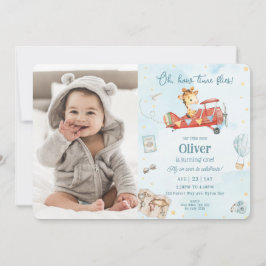 Invitación Cute Giraffe Avión Mosca Aventura Foto de cumpleañ