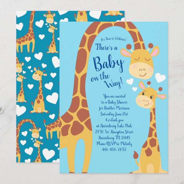 Invitación Cute Giraffe Baby Shower Blue Boy (Anverso / Reverso)