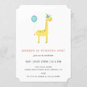 Invitación Cute Giraffe Blue Balloon Birday Party