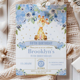 Invitación Cute Giraffe Blue Floral Birday Party