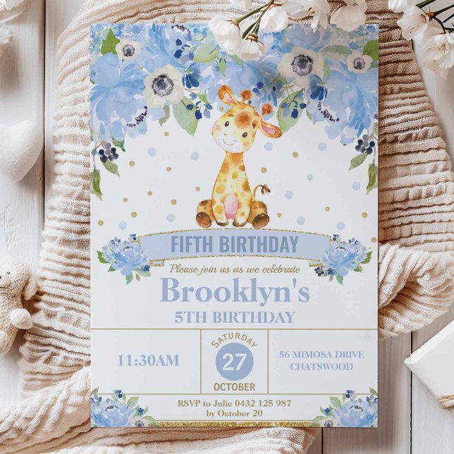 Invitación Cute Giraffe Blue Floral Birday Party (Subido por el creador)
