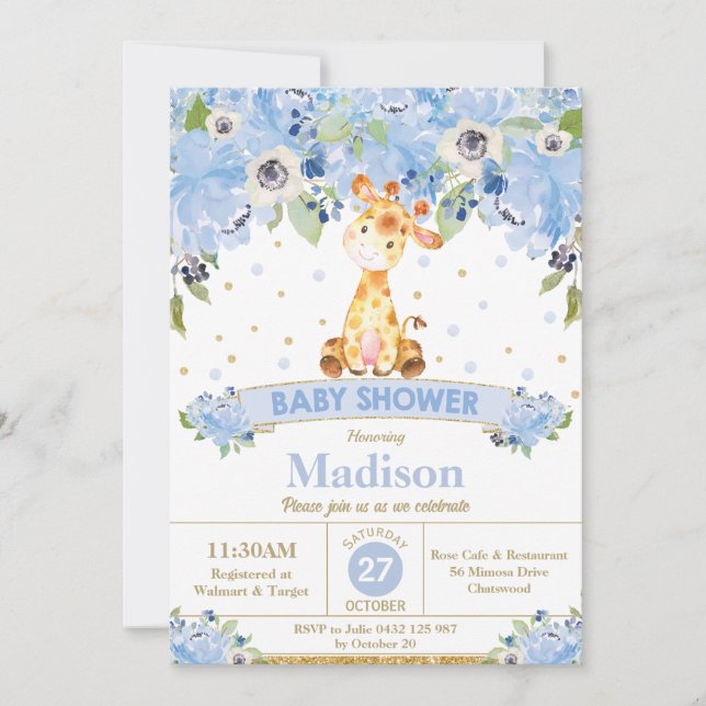Invitación Cute Giraffe Blue Floral Boy Baby Shower (Anverso)