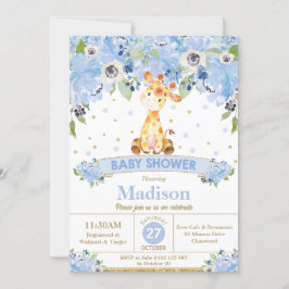 Invitación Cute Giraffe Blue Floral Boy Baby Shower