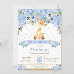 Invitación Cute Giraffe Blue Floral Boy Baby Shower