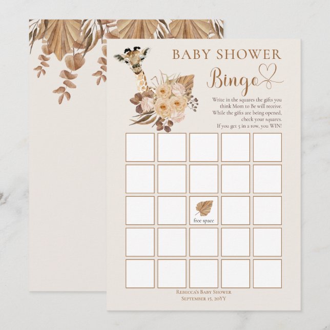Invitación Cute Giraffe Boho Grasas Secas Bingo Baby Shower (Anverso / Reverso)