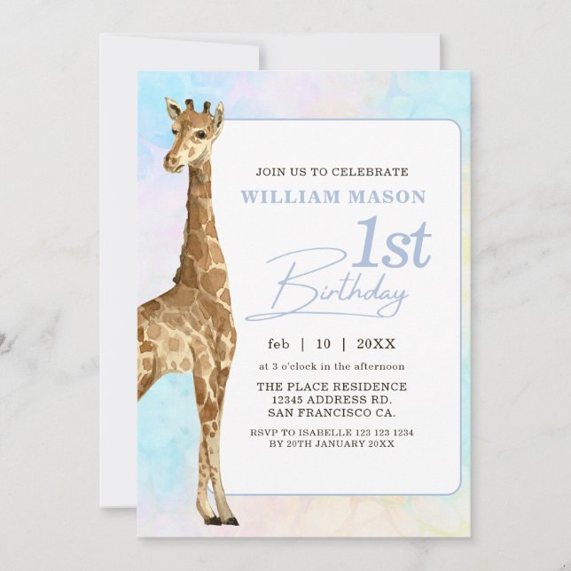 Invitación Cute Giraffe Boy 1er cumpleaños Azul (Anverso)