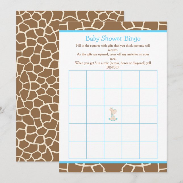Invitación Cute Giraffe Boy Blue Baby Shower Bingo (Anverso / Reverso)
