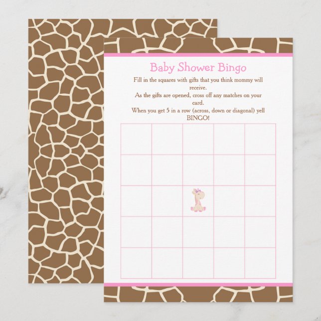 Invitación Cute Giraffe Chica Bingo Baby Shower rosado (Anverso / Reverso)