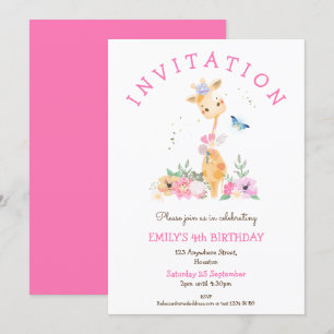 Invitación Cute Giraffe Chicas florales 4 Fiesta de cumpleaño
