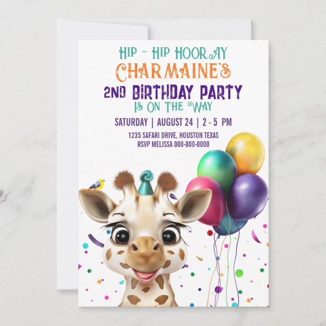 Invitación Cute Giraffe Colorful Confetti Niños Fiesta de cum (Anverso)