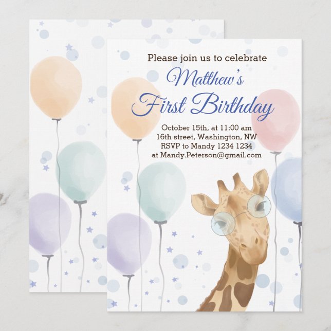 Invitación Cute Giraffe Colorous Balloon Boy Cumpleaños (Anverso / Reverso)