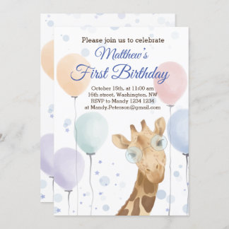 Invitación Cute Giraffe Colorous Balloon Boy Cumpleaños