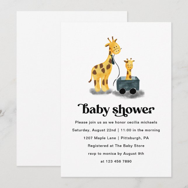 Invitación Cute Giraffe Ilustracion Typography Baby Shower (Anverso / Reverso)