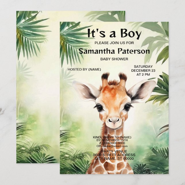 Invitación Cute Giraffe Jungle Baby Shower Party Beautiful (Anverso / Reverso)