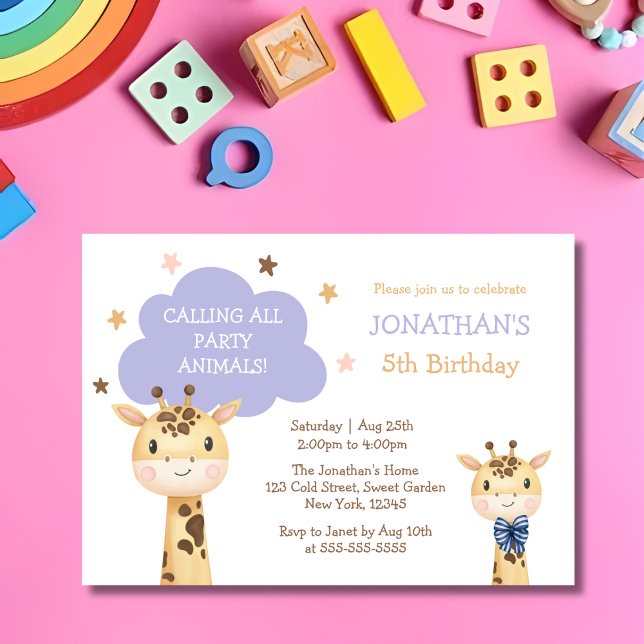 Invitación Cute Giraffe Llamando Animales Fiestas Cumpleaños (Subido por el creador)
