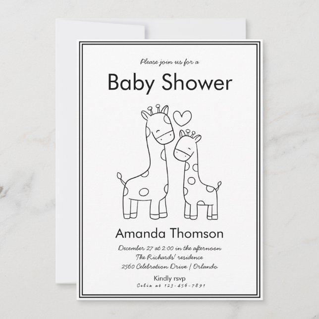 Invitación Cute Giraffe Mano Drenar la ducha de bebé (Anverso)