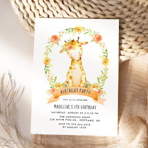 Invitación Cute Giraffe Naranja Watercolor Floral Cumpleaños