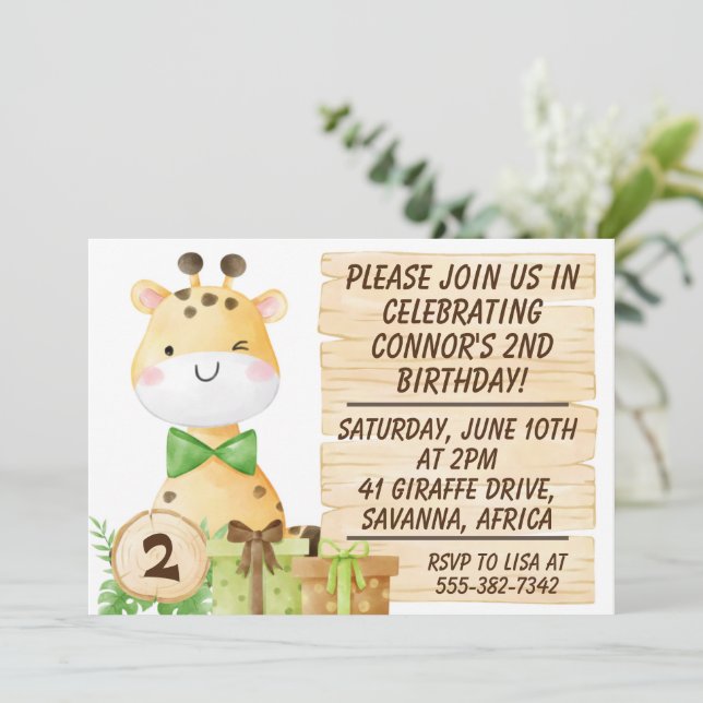 Invitación Cute Giraffe para el cumpleaños de un niño pequeño (Anverso de pie)