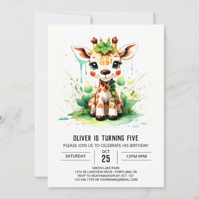 Invitación Cute Giraffe Safari Odyssey Cumpleaños (Anverso)