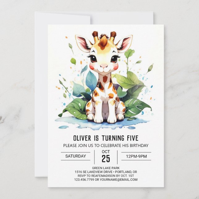 Invitación Cute Giraffe Safari Serenity Cumpleaños (Anverso)