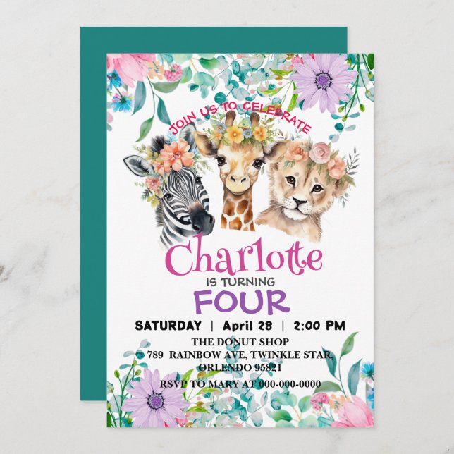 Invitación Cute giraffe Selva de león Animales Cumpleaños Flo (Anverso / Reverso)