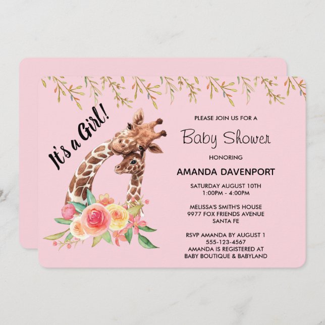 Invitación Cute Giraffe Watercolor ¡Es un Chica! Baby Shower (Anverso / Reverso)