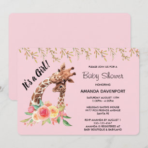 Invitación Cute Giraffe Watercolor ¡Es un Chica! Baby Shower