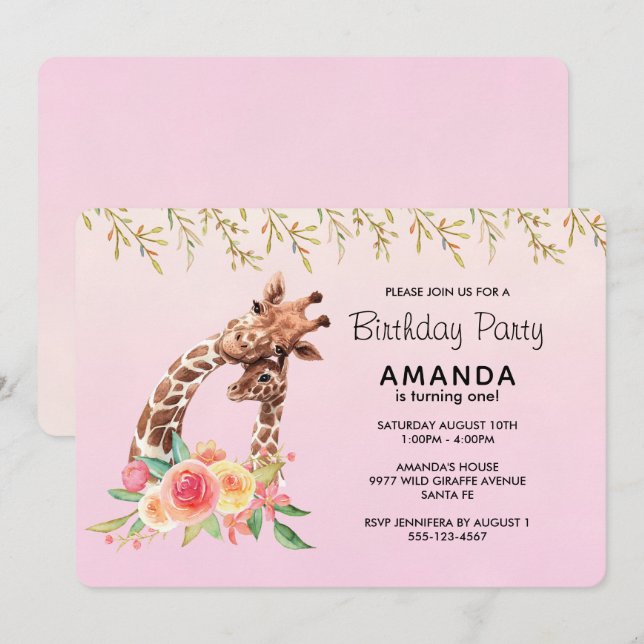 Invitación Cute Giraffe Watercolor Mamá y Bebé Cumpleaños (Anverso / Reverso)