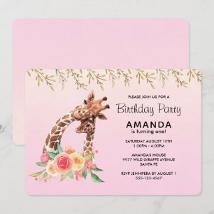 Invitación Cute Giraffe Watercolor Mamá y Bebé Cumpleaños