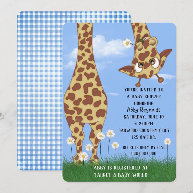 Invitación Cute Giraffe y Daisy Baby Shower (Anverso / Reverso)