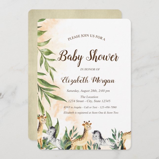 Invitación Cute Giraffe, Zebra deja Baby Shower (Anverso / Reverso)