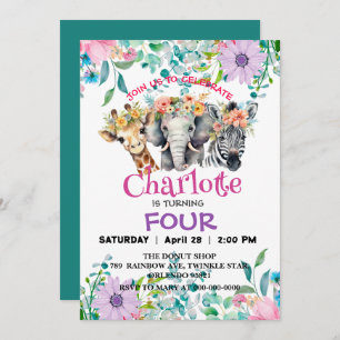 Invitación Cute Giraffe Zebra jungle Animales Birthday Floral