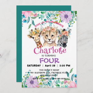 Invitación Cute Giraffe Zebra jungle Animales Birthday Floral