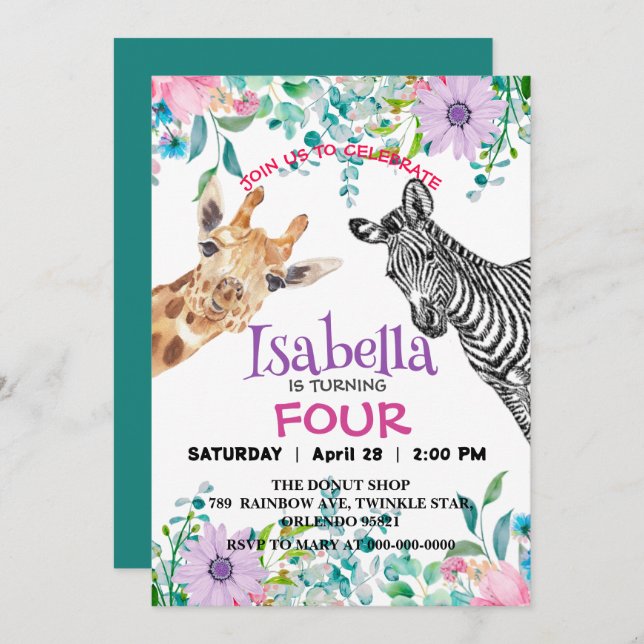Invitación Cute Giraffe Zebra jungle Animales Cumpleaños Flor (Anverso / Reverso)