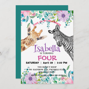 Invitación Cute Giraffe Zebra jungle Animales Cumpleaños Flor