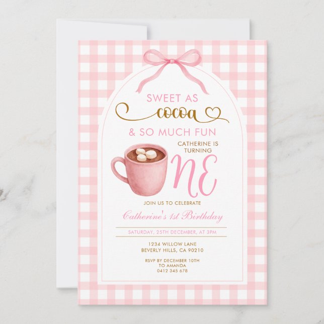 Invitación Cute Girl Bow Hot Cocoa 1st birthday Pink Gingham (Anverso)
