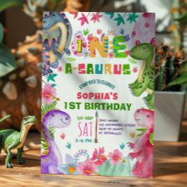Invitación Cute Girl Dinosaur 1st Birthday Invitation