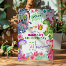 Invitación Cute Girl Dinosaur 4th Birthday Invitation