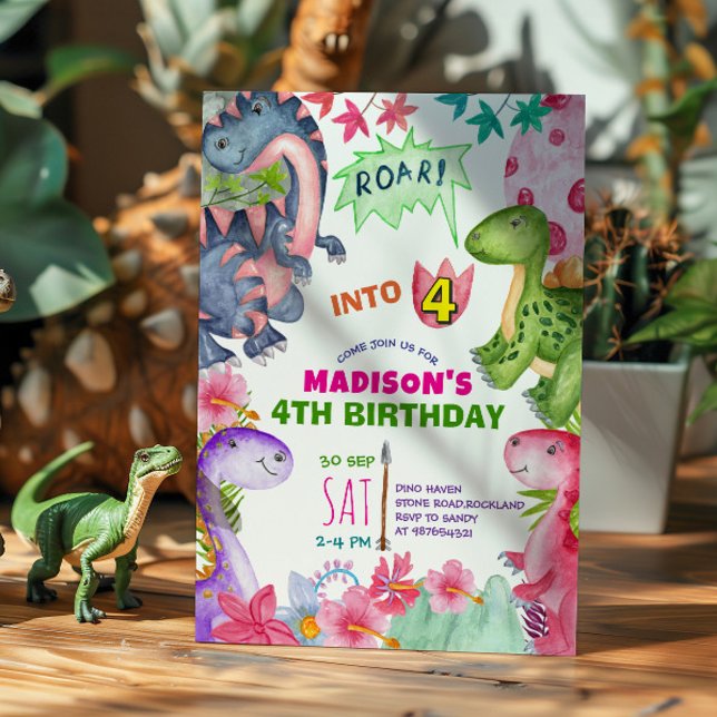 Invitación Cute Girl Dinosaur 4th Birthday Invitation (Subido por el creador)