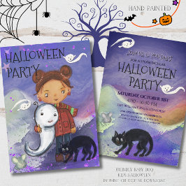 Invitación Cute Girl, Ghost, & Black Cat | Kids Spooktacular 