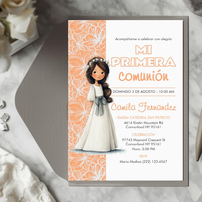 Invitación Cute Girl Peach Background Spanish First Communion (Subido por el creador)