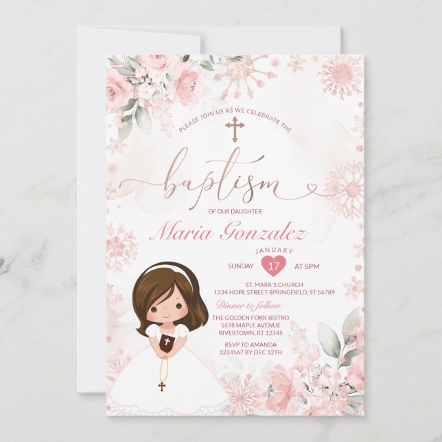 Invitación Cute Girl Pink Rose Gold Floral Snowflake Baptism (Anverso)