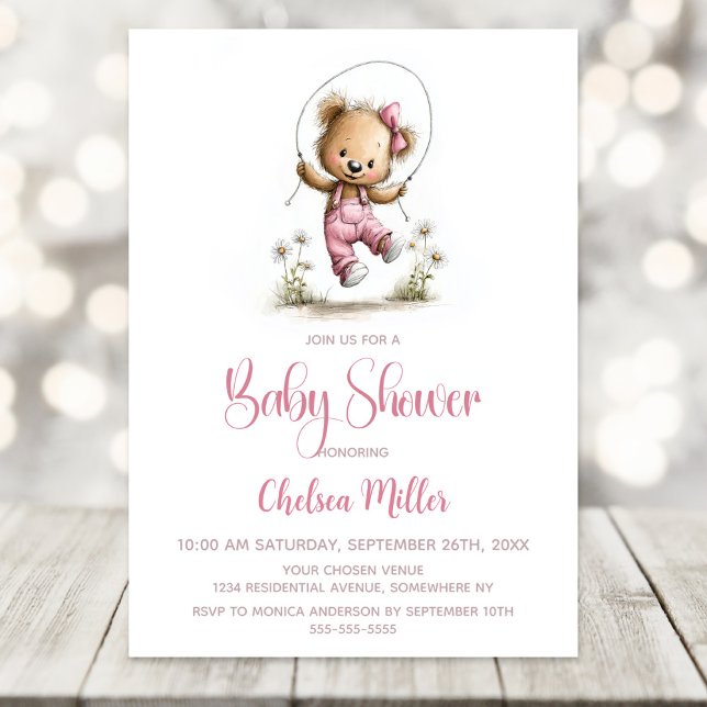 Invitación Cute Girl Teddy Bear Playing Jump Rope Baby Shower (Subido por el creador)