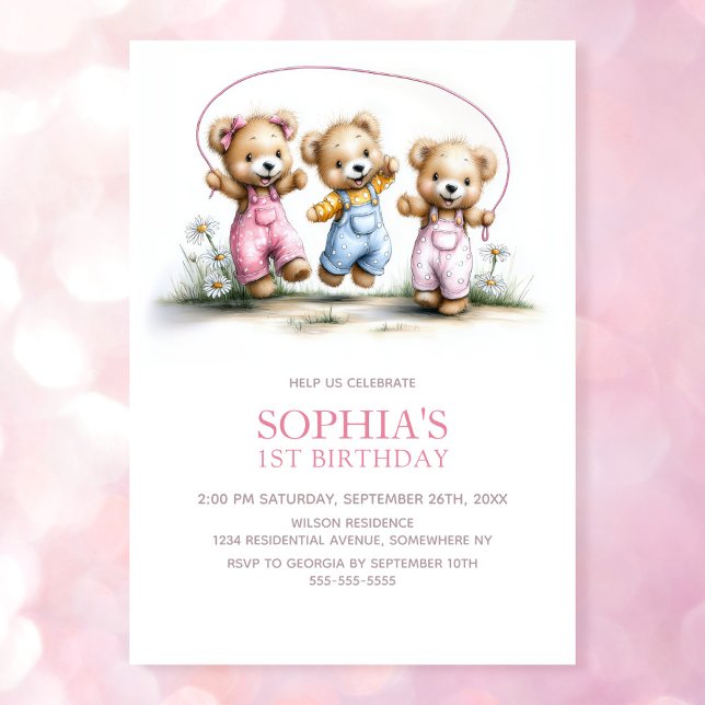 Invitación Cute Girl Teddy Bears 1st Birthday Party (Subido por el creador)