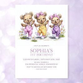 Invitación Cute Girl Teddy Bears Jump Rope 1st Birthday Party